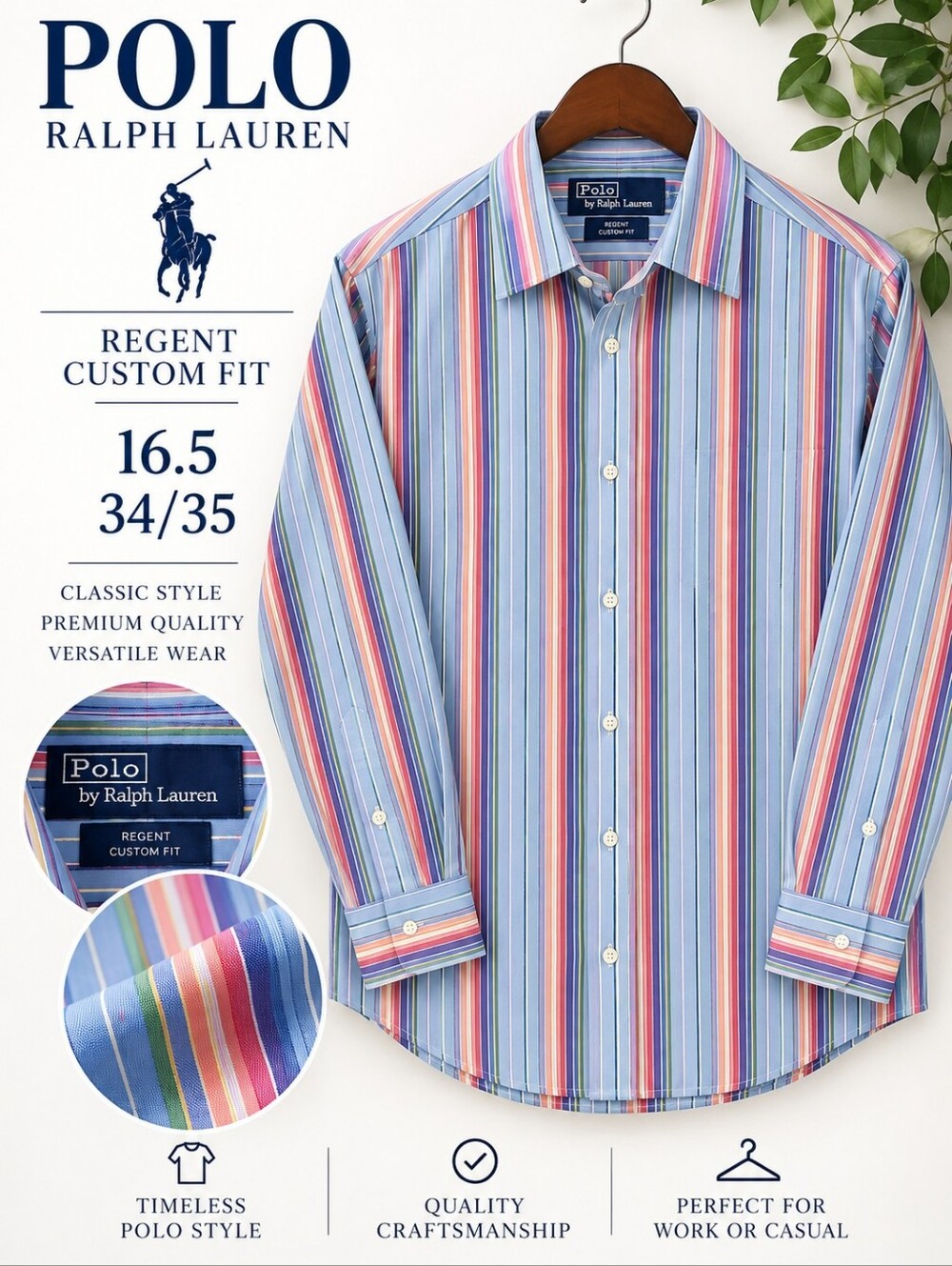 Polo Ralph Lauren Regent Custom Fit Striped Dress Shirt 16.5 34/35